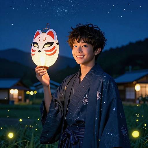 Young Asian man in dark kimono holding illuminated fox mask, smiling under starry night sky, with lantern-lit houses in background.