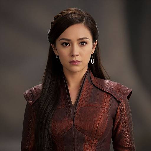 Photograph of an Asian woman with long black hair, wearing a textured, dark red leather jacket and diamond earrings, against a blurred dark background. She