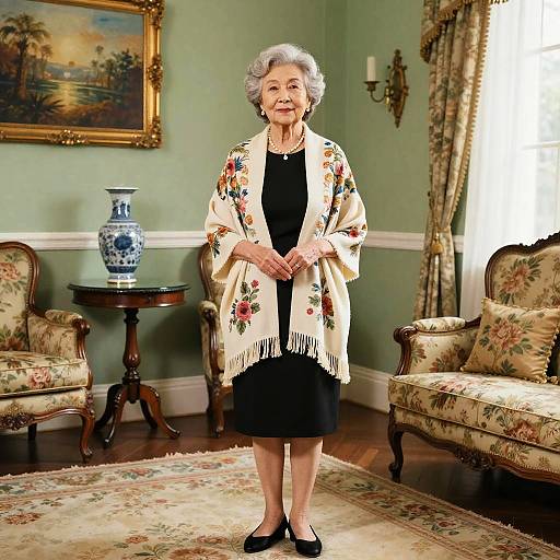 Photograph of an elderly white woman with short gray hair, wearing a black dress and floral shawl, standing in an elegant, green-walled room