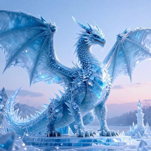 Photorealistic digital rendering of a majestic, silver-blue, ice-encrusted dragon with large wings, standing on a frosty pedestal under a