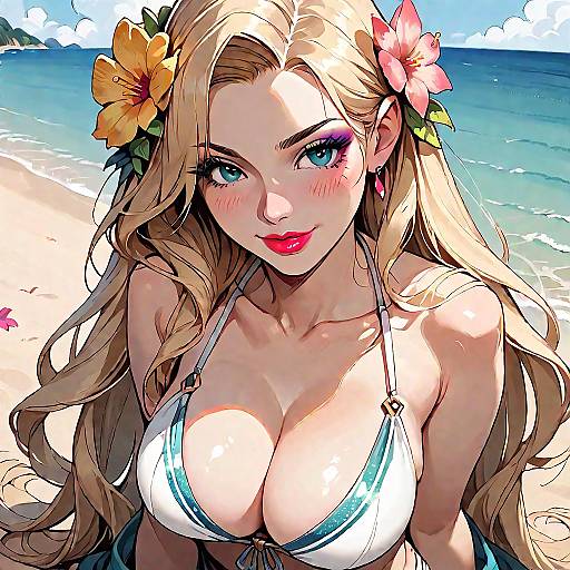 Blonde Beach Beauty with Flower Accent