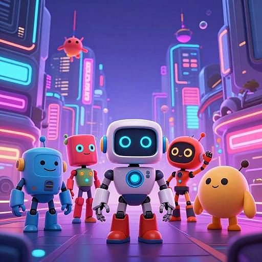 Neon-lit futuristic cityscape featuring five colorful, cartoon-style robots with glowing eyes, standing in a row under vibrant neon signs. Digital CGI art