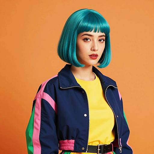 Woman with Teal Hair in Colorful Futuristic Outfit