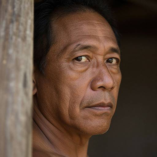 Photograph of a middle-aged, dark-skinned man with deep wrinkles, serious expression, and short black hair, partially obscured by a wooden beam,