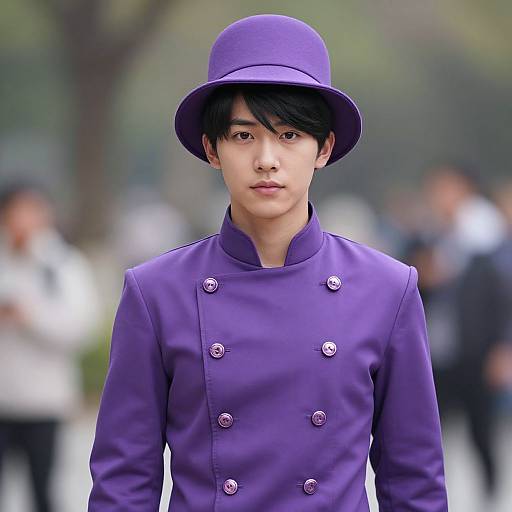 Photograph of an East Asian young man with fair skin, black hair, wearing a purple double-breasted coat and matching hat, standing outdoors with blurred