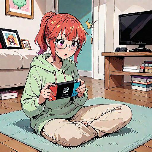 Anime Girl Playing Nintendo Switch Indoors