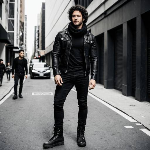 Urban Man in Black Leather Jacket on City Street
