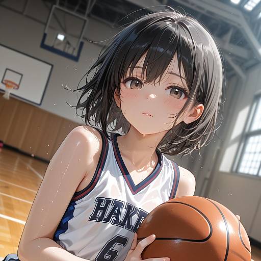 Anime Girl Holding Basketball Indoors