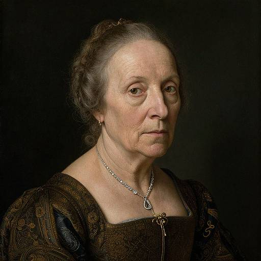 Photograph of an elderly Caucasian woman with fair skin, gray hair in a braid, wearing a dark patterned dress and silver necklace, against a