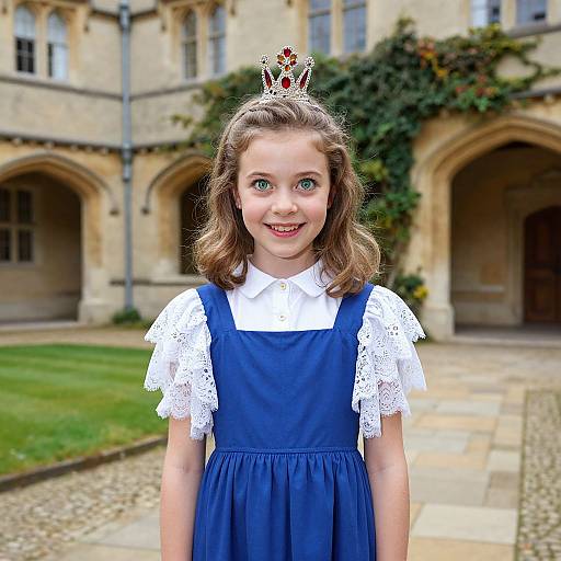 Photograph of a smiling young girl with wavy brown hair, wearing a blue dress with white lace sleeves, and a small red and white crown,