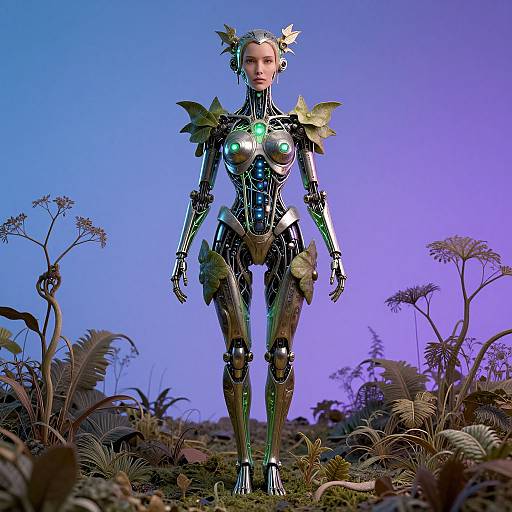 Photorealistic CGI of a futuristic, metallic humanoid female with wing-like shoulder armor, standing in a purple-blue gradient forest landscape.