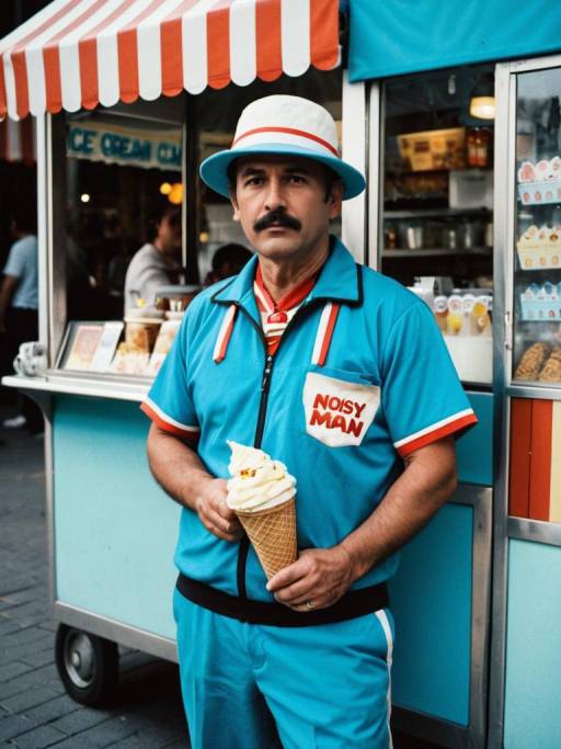 Man in Ice Cream Vendor Costume Holding Cone