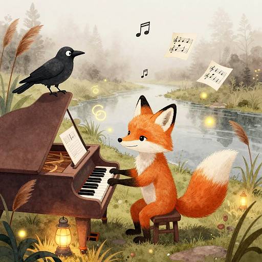Fox Composer at Dawn on Leaf Piano