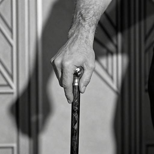 Black-and-white photograph of a wrinkled hand gripping a cane, casting a shadow on a geometric-patterned door.