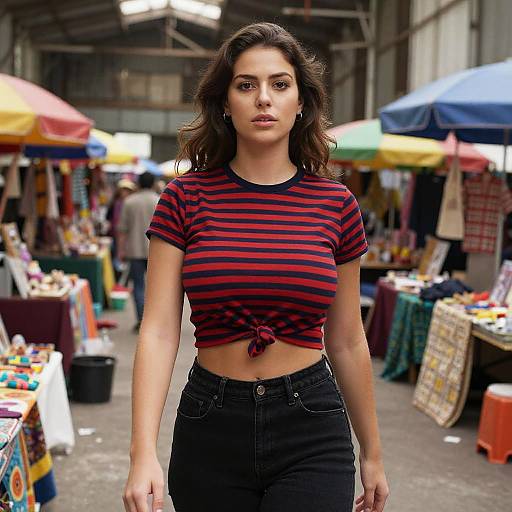Photograph of a young woman with wavy dark hair, wearing a red and black striped tied crop top and black jeans, walking through a colorful outdoor