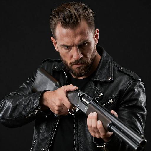 Man Aiming Shotgun in Leather Jacket