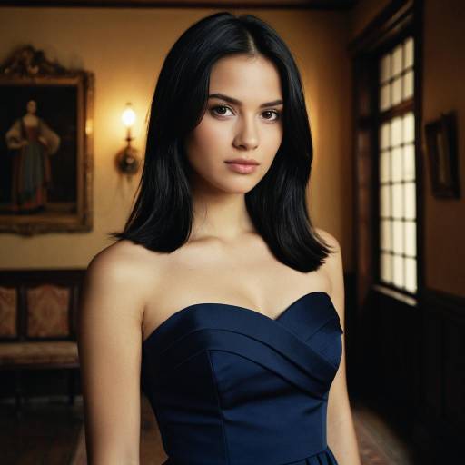 Elegant Young Woman in Navy Blue Evening Dress