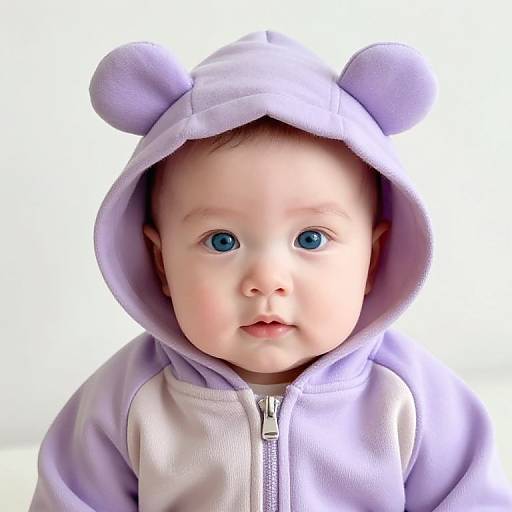 Photograph of a baby with blue eyes, wearing a light purple bear-eared hooded jacket, looking directly at the camera.