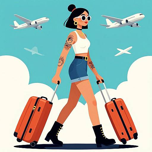 Stylish Traveler with Tattoos and Suitcases