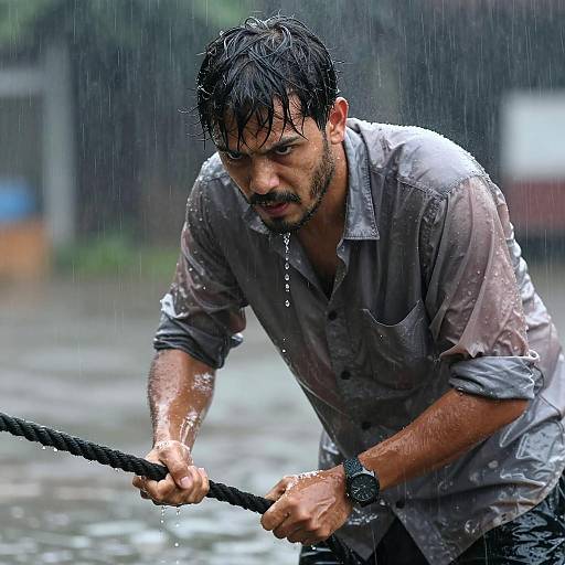 Man Gripping Rope in Heavy Rain