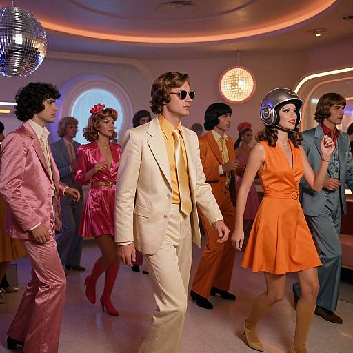 Photograph of 1970s disco party: man in white suit and sunglasses walks past woman in orange dress and black headphones, surrounded by others in