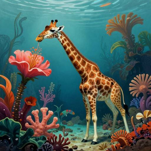 Digital illustration of a giraffe standing amidst vibrant underwater coral reef, surrounded by colorful sea flowers and fish, with sunlight filtering through the water.
