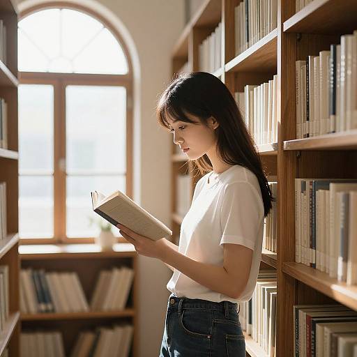 Photograph of a young woman with long brown hair, wearing a white t-shirt and blue jeans, reading a book in a sunlit library.