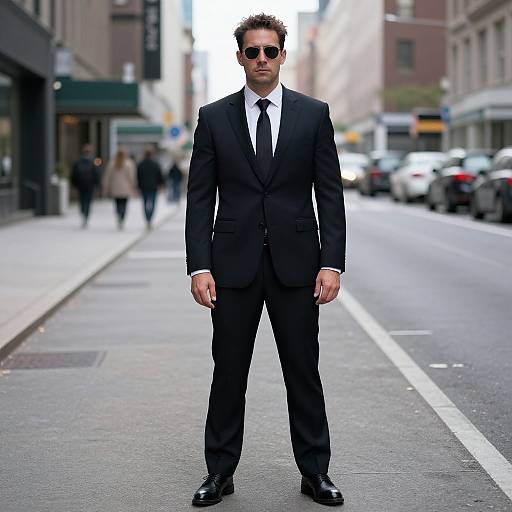 Photograph of a tall, handsome man in a black suit, white shirt, black tie, and sunglasses standing confidently on a city street. Urban background