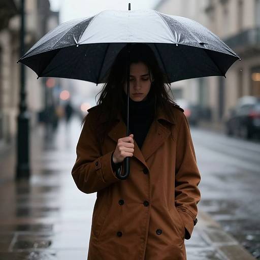 Woman with Umbrella in Rainy City