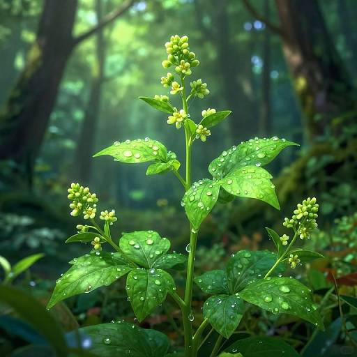 Photograph of a vibrant green plant with dew-covered leaves and small yellow flowers, set in a sunlit, misty forest.