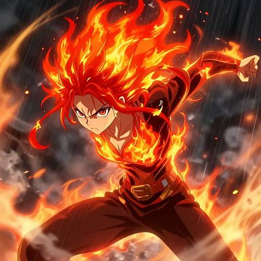 Digital anime artwork of a red-haired, intense-eyed character with fiery hair and clothes, standing in a rainstorm, surrounded by bright flames.