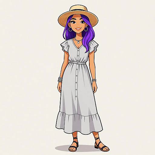 Digital illustration of a smiling woman with purple hair, wearing a white dress, straw hat, hoop earrings, and sandals, standing against a white background.