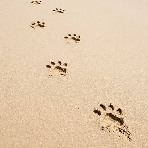 Photograph of five distinct dog paw prints in sand, arranged diagonally from bottom right to top left, with a golden sunset glow.