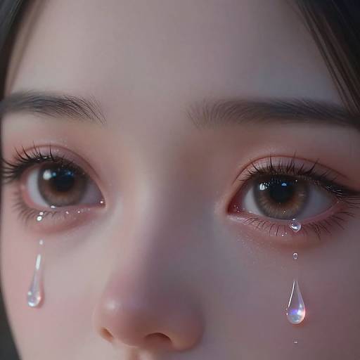 Close-up photograph of a young Asian girl with tearful brown eyes, delicate features, and long lashes, with two large tears streaming down her cheeks.