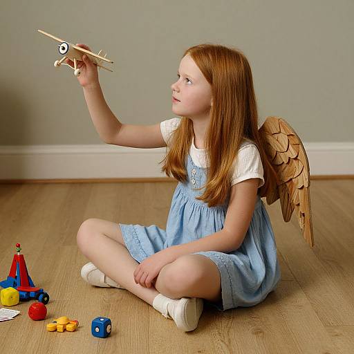 Photograph of a young red-haired girl with angel wings, wearing a blue dress and white socks, sitting on wooden floor, playing with wooden airplane toy