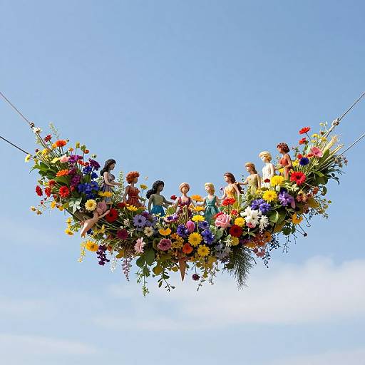 Photograph of a colorful floral arrangement with diverse dolls hanging against a clear blue sky, suspended by black ropes.