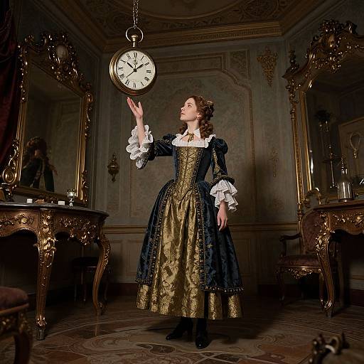 Photograph of a woman in an ornate, Victorian-style black and gold dress, reaching up to a hanging clock in a luxurious, vintage room with