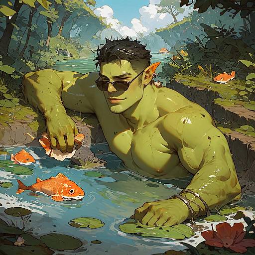 Muscular Shrek in Swamp with Sunglasses
