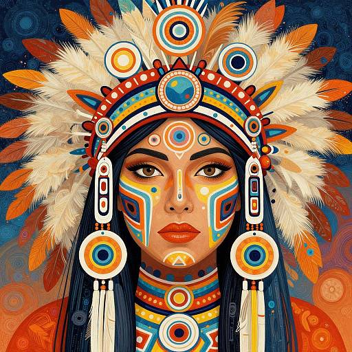 Digital artwork of a Native American woman with orange and white feather headdress, colorful face paint, and intricate headpiece, against a blue and orange abstract