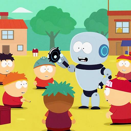 Cartoon-style image of a blue robot teaching a group of red-clothed children in a colorful, sunny town square.
