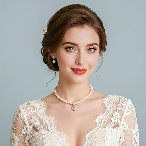 Elegant Bride Portrait with Lace Dress and Pearl Necklace