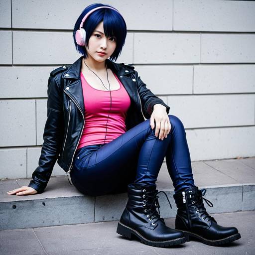 Cosplay of Female with Dark Blue Hair and Leather Jacket
