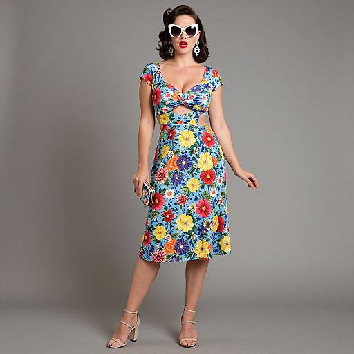 Photograph of a curvy woman with dark hair, wearing a colorful floral dress, white sunglasses, red lipstick, and nude heels, standing against a