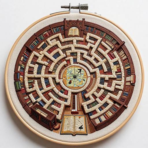 Top-down view of intricate, circular maze made of books and paths, centered with a clock, inside a wooden hoop frame. Digital illustration.