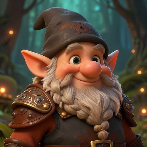 CGI fantasy elf with rosy cheeks, white beard, pointed ears, braided hair, dark hat, armored shoulder, smiling, forest background,