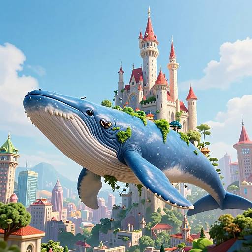 Digital illustration of a giant blue whale with plants on its back, soaring above a whimsical, colorful castle cityscape under a bright blue sky.