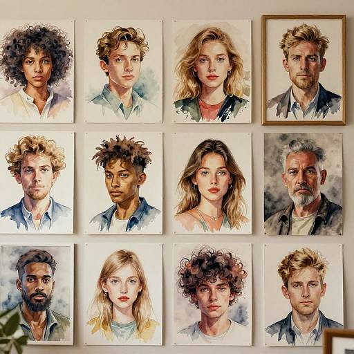 Watercolor portrait gallery of 12 diverse individuals, showcasing varied hair textures, styles, and expressions, arranged in a 4x3 grid.