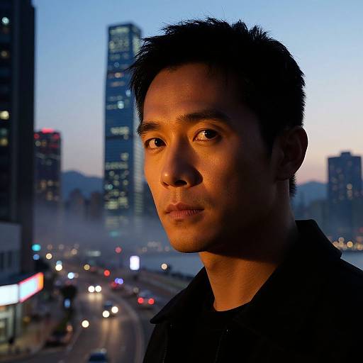 Photograph of a serious-looking Asian man with short black hair, illuminated by city lights, standing against a twilight urban skyline.