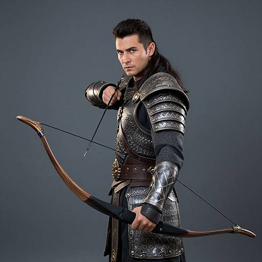 Photograph of a muscular, fair-skinned man with dark hair, wearing medieval silver armor, holding a wooden recurve bow, against a gray background