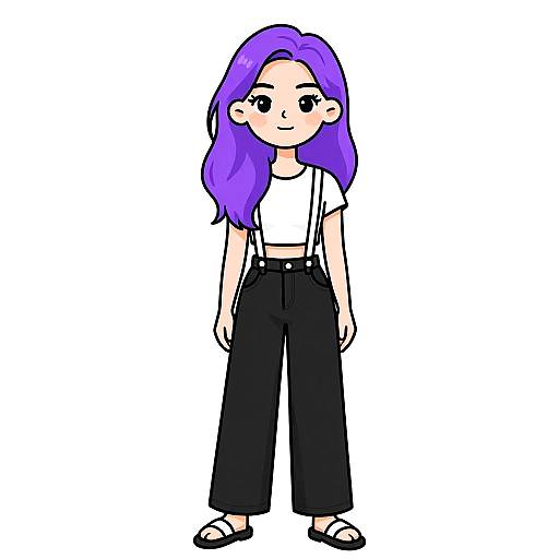 Cartoon Woman with Purple Hair and Casual Outfit